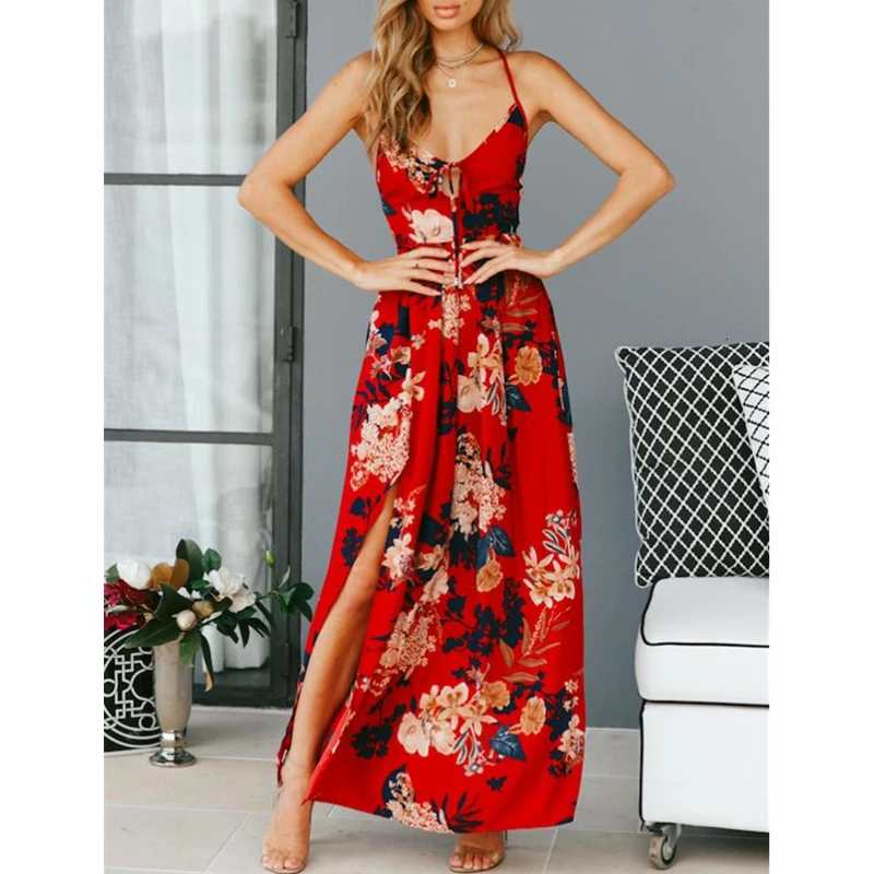 

Women's Floral Boho Sundress Long Dress Split Cocktail Party Beach Dress Elegant Holiday Party Long High Split Dress