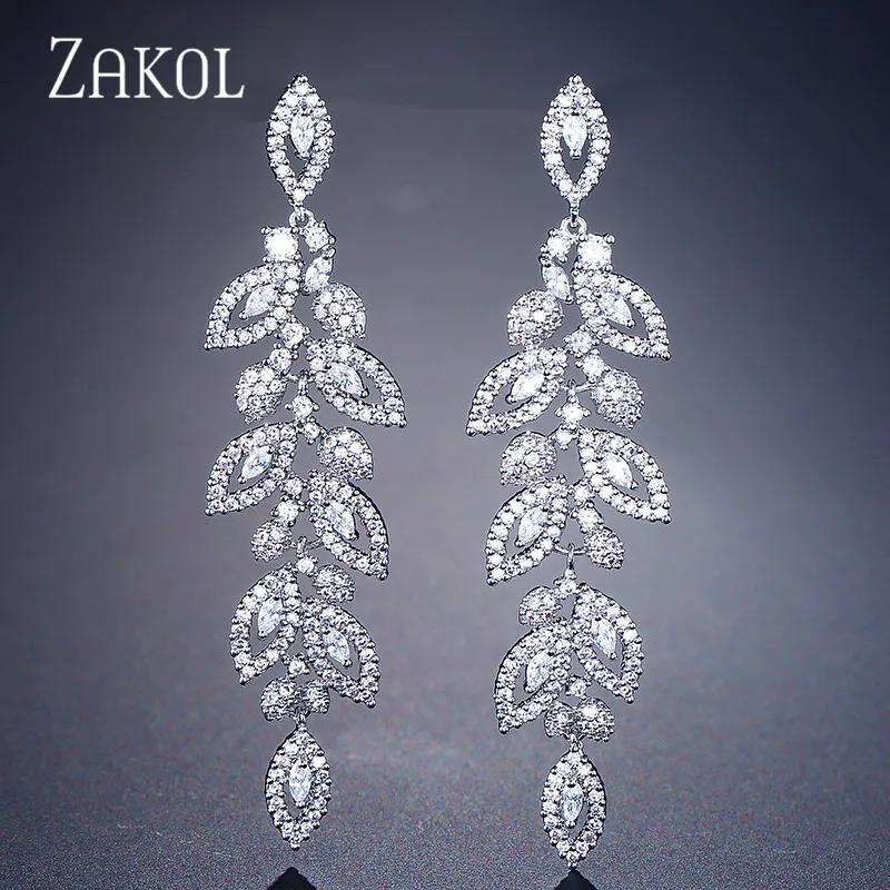 Goede Zakol Fashion Koreaanse Cz Leaf Bruiloft Sieraden Marquise Aaa Zirconia Lange Drop Bridal Oorbellen Voor Elegante Vrouwen FSEP2144