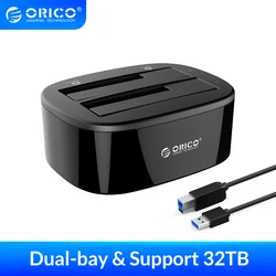 ORICO – Station d'accueil à double baie pour disque dur 2.5/3.5 pouces, SSD SATA vers USB 3.0 HDD, avec adaptateur d'alimentation 12V3A 