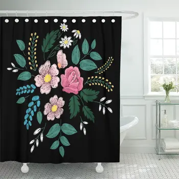 

Green Ethnic Flowers and Roses on Satin Stitch Imitation Shower Curtain Waterproof Polyester Fabric 72 x 78 Inches Set with Hook
