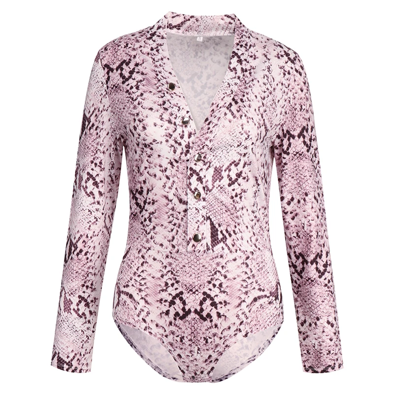 Pink Snake Print Женские леопардовые сексуальные боди со змеиным принтом, женские боди на пуговицах с v-образным вырезом и длинным рукавом для ночного клуба, боди-топ, комбинезон GV551 - Цвет: Pink Snake Print