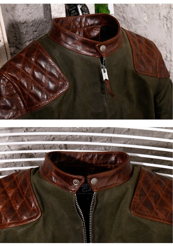 Free shipping.popular mens genuine leather Jacket,Us vintage Heavy wax canvas jacket stitching cowhide.quality.thick hard