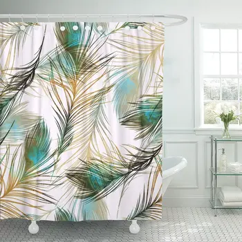 

Imprints Peacock Feathers Hand Digital Drawing and Watercolor Botanical Shower Curtain Waterproof Polyester Fabric 60 x 72 Inche