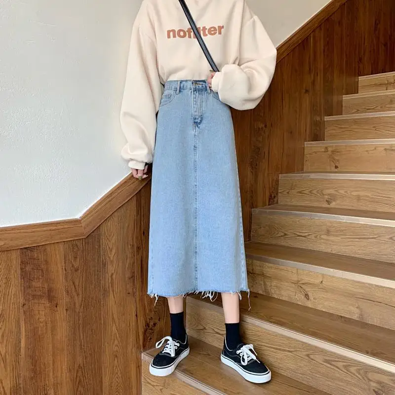 

2020 Spring New Style Korean-style Minimalist Frayed Denim Skirt the Girls' Middle School Long Skirts Slit A- line Skirt
