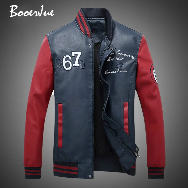

Jackets Men Pu Leather Bomber Coats Patchwork Embroidery Baseball Jackets Slim Fit Fleece Pilot Jackets Casaco Masculino Fashion