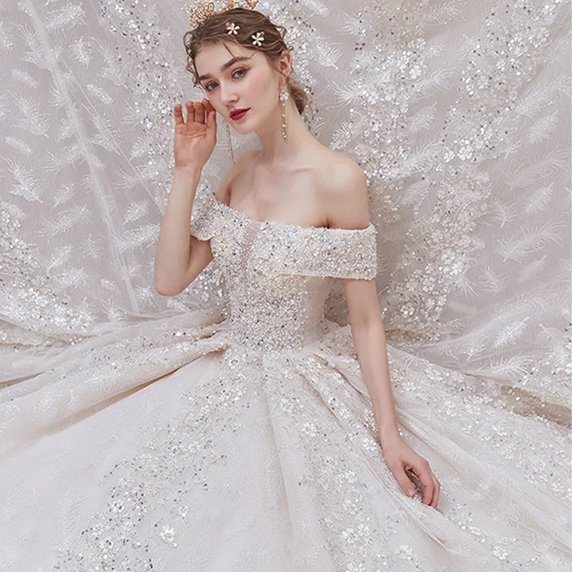 HLF21 Elegant Lace 2021 New Off Shoulder Wedding Dress Bridal Gown Vestidos De Novia Baratos Con Envio Gratis فساتين زفاف 6