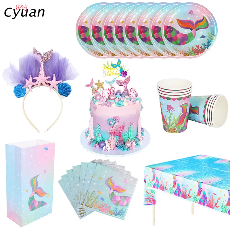 

Cyuan Little Mermaid birthday Party Decor Disposable Tableware Kit Under the Sea Girl balloons decoration baby shower supplies