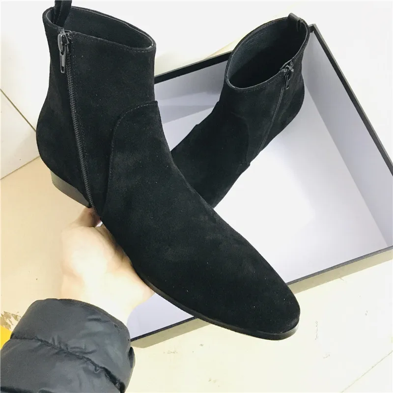 

Pointed Toe Suede Leather men wedge zipper Boots quality handmade cowboy denim Bootas