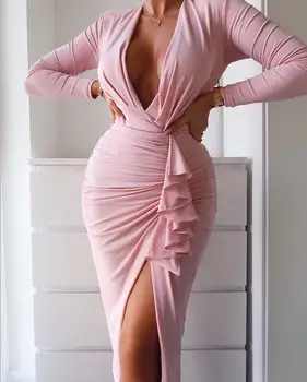 

Runway Fashion Sexy Deep V Neck Long Sleeve Ruffles Bodycon Women Winter Dress 2020 Designer Elegant Evening Party Dress Vestido
