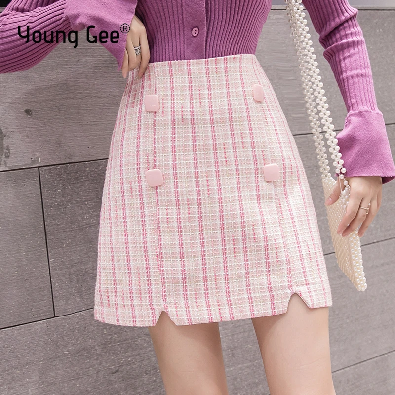 

Young Gee Small Fragrance Woolen Mini Skirt Autumn Women Vintage Plaid Double-Breasted Tweed A-Line Skirts High Waist Femininas