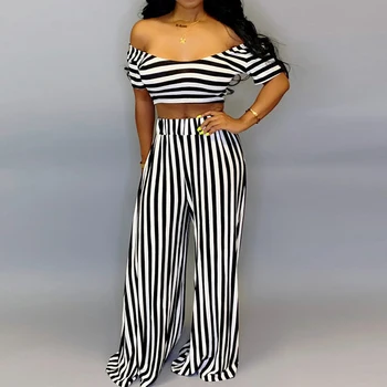 

Summer Sexy Striped Print Overalls Rompers Slash Neck Short Sleeve Crop Top+Wide Legs Women Plus Size Club Loose Pants 2PCS Sets