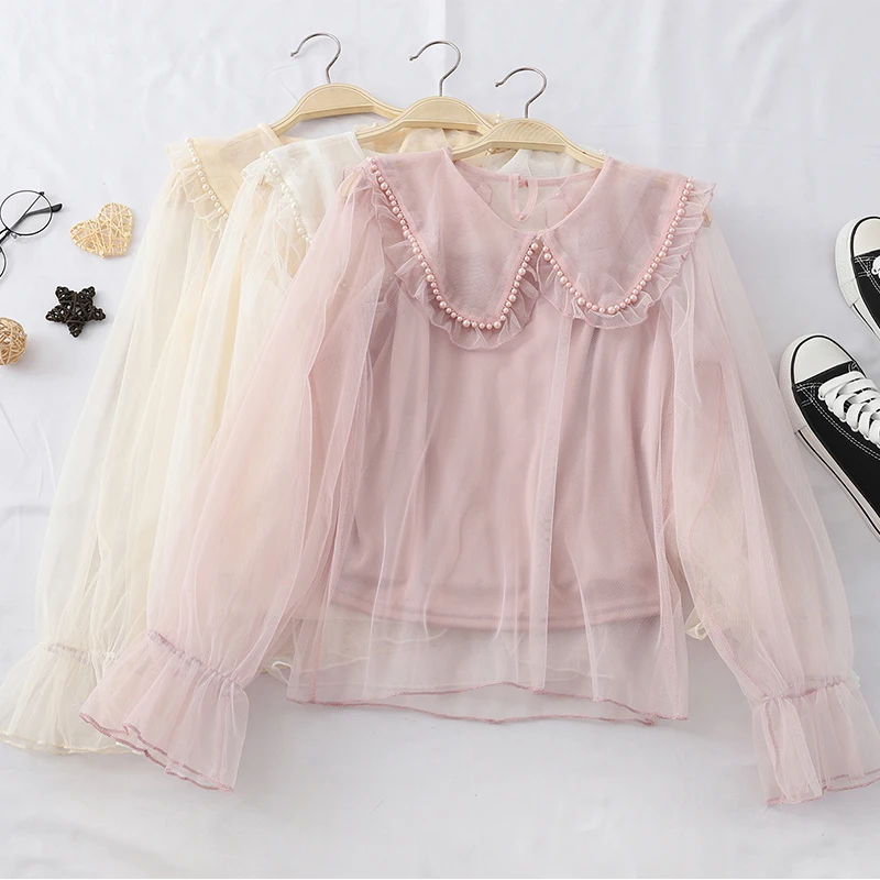 

2PCS Elegant Women Flare Sleeve Peter Pan Collar Ruffle Basic Shirt Vintage Elastic Slim Mesh Gauze Tulle Pearl Bead Blouse Tops
