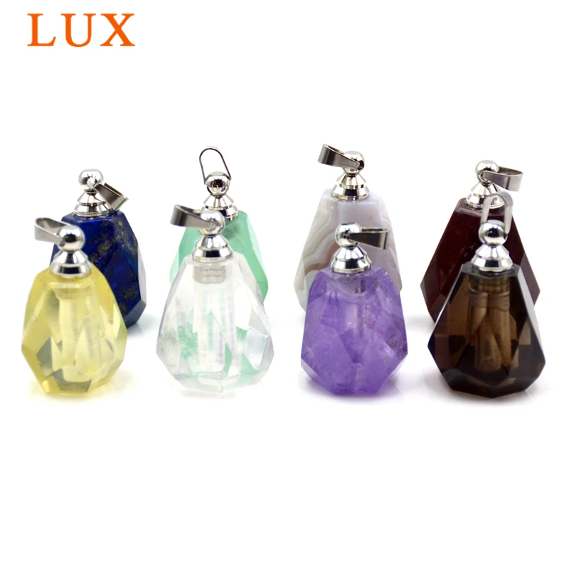 

Natural Gems stone Perfume Bottle Pendant charm faceted cut agates fluorite Chakra Crystal Quartz Pendant for Necklace Jewelry