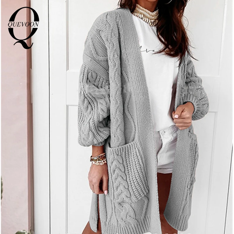 

QUEVOON Solid Ladies Fashion Sweaters Twist Pockets Oversized Warm Knitting Cardigans Streetwear Style Autumn Winter Clothings