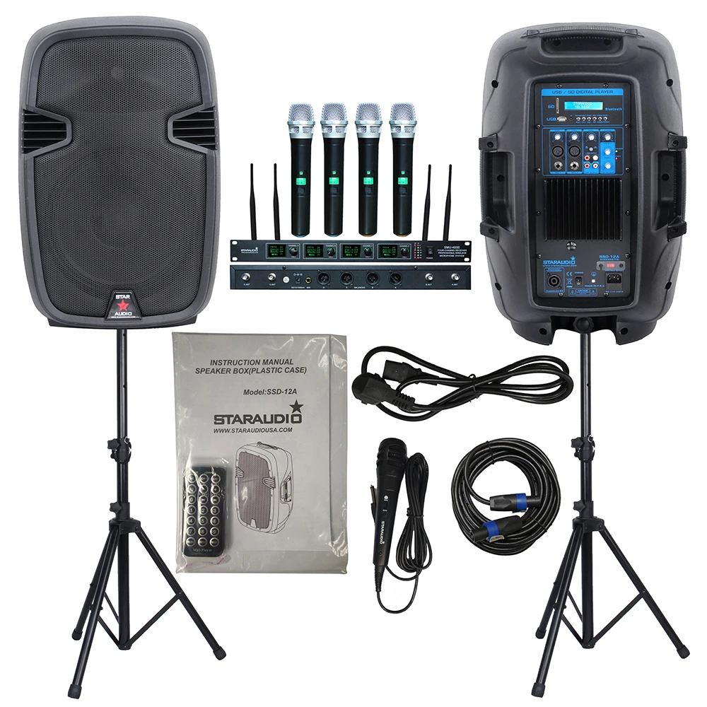 staraudio 12inch powered pa dj disco church party speakers with 4ch uhf handheld microphones for stage dj system