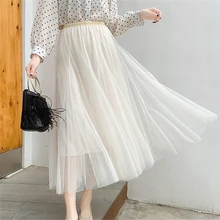 Модная однотонная сетчатая Женская плиссированная юбка с высокой талией, винтажная женская Юбка До Колена, Весенняя элегантная юбка миди с эластичной резинкой на талии