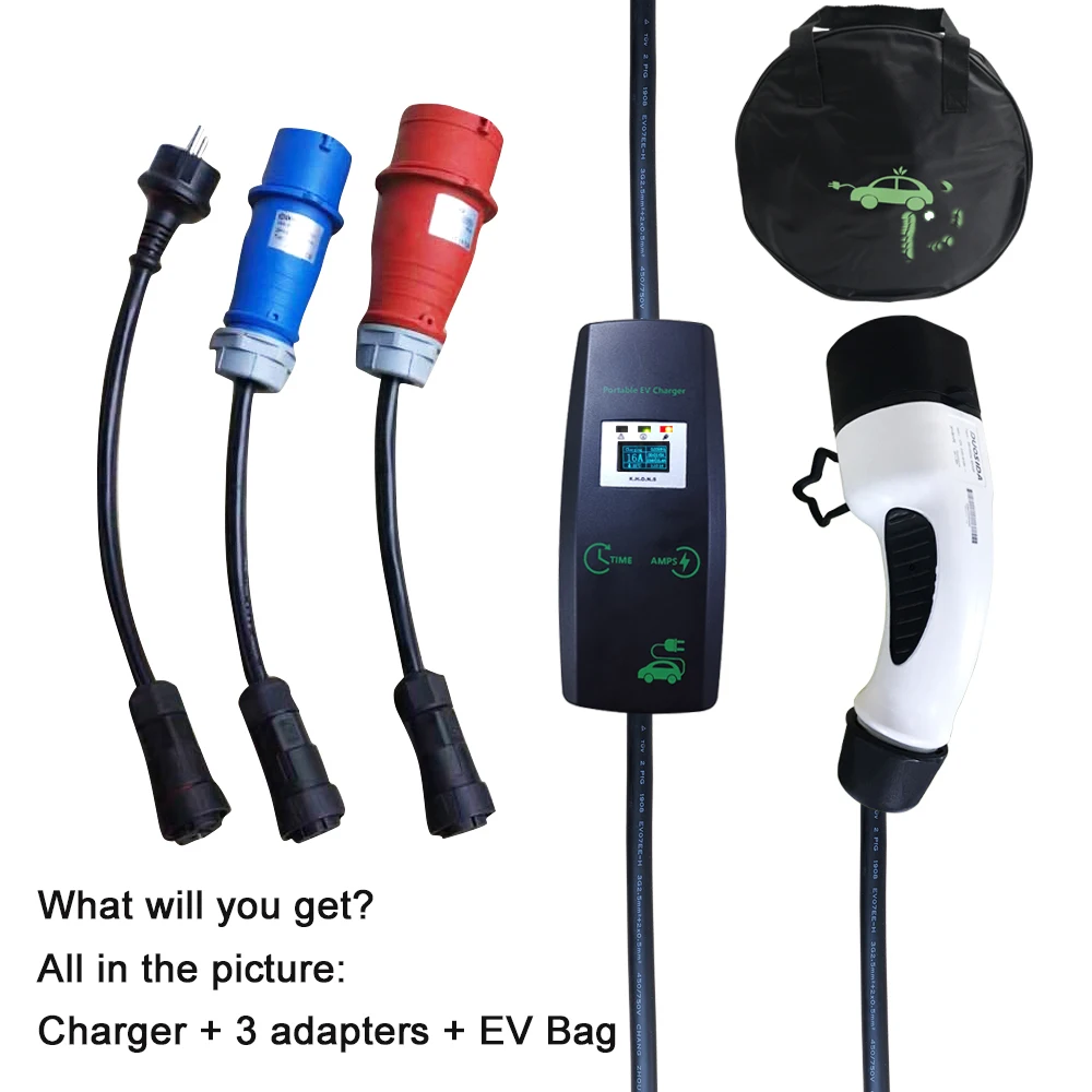 US $326.02 Khons EVSE Type 2 Electric Vehicle EV Charger With Schuko Plug Adapters 16A Adjustable 5M Cable Portable Level 2 Fast Charging