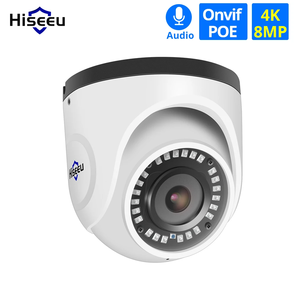 Hiseeu 4K POE IP камера Аудио внутренняя 8MP H.265 Сетевая купольная видеонаблюдения со