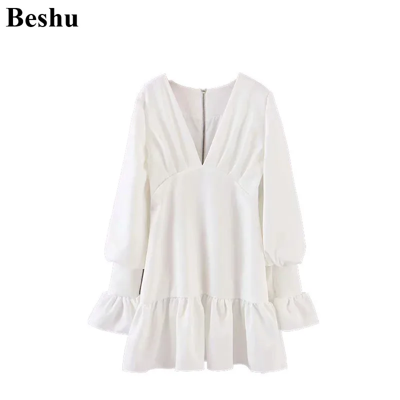 Fashion za women chic ruffles solid mini dress long sleeve V neck back zipper female casual retro dresses vestidos mujer | Женская