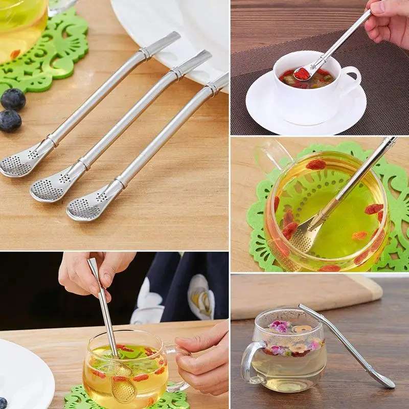 4 PCS Filtration Pipette of The Stainless Steel Filter Straw Drinking Spoon Silver
