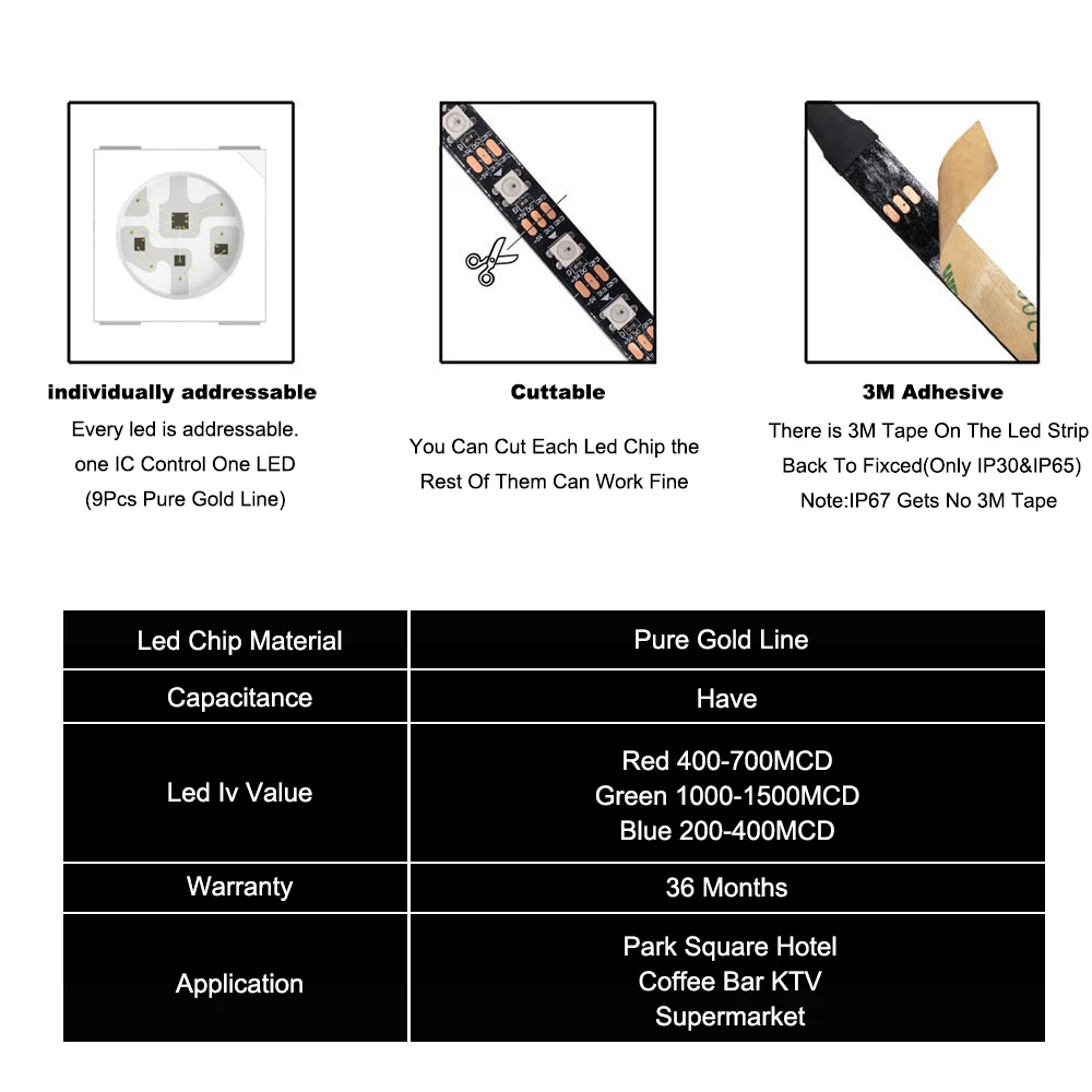 WS2812B WS2812 Led 스트립 개별적으로 주소 지정이 가능한 스마트 RGB LED 조명 검정/흰색 PCB 매직 컬러 IP30/65/67 DC5V