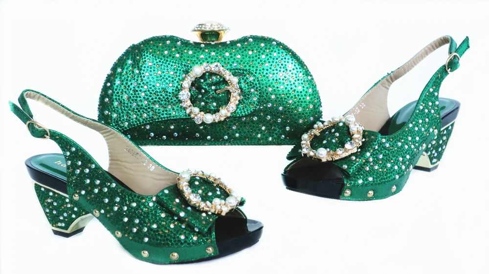 

Nigeria green shoes matching bag set with size 38 to 43 high quality many stones italian shoes and bag set 2020 SB8463-4
