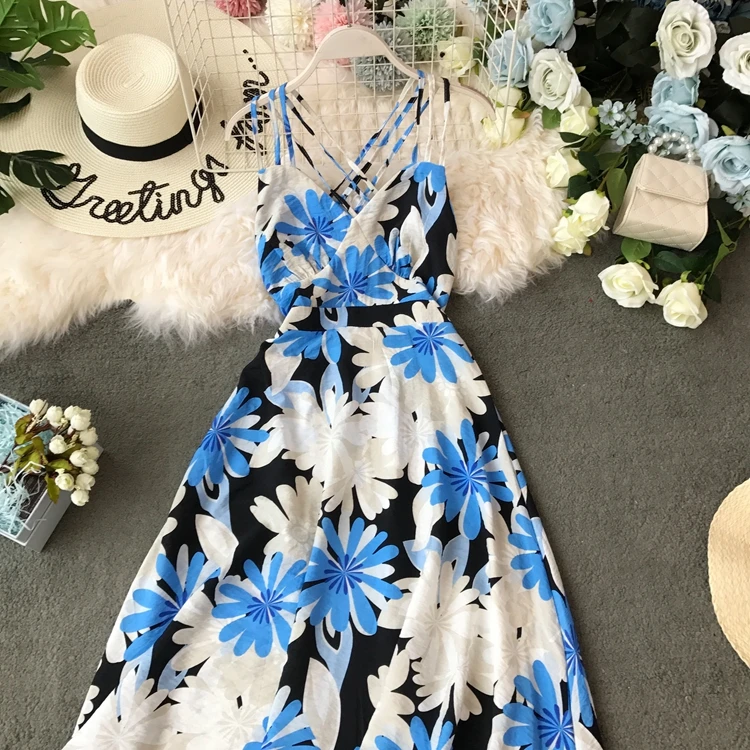 Платье богемное Flroal Vestido сексуальное летнее платье с v-образным вырезом женское без рукавов с открытой спиной пляжное стильное ТРАПЕЦИЕВИДНОЕ длинное платье AE833