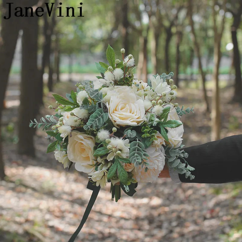 JaneVini западный стиль кремовый Свадебный букет для невесты светильник цвета шампанского зеленая лента в форме листьев Свадебный букет цветов Bloemboeket