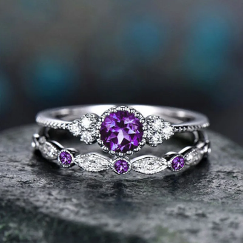 Purple 2 шт./компл. кольца Новинка; роскошная женская обувь, расшитая зелеными синий камень кольца с настоящими Австрийскими кристаллами Для женщин серебряного цвета Цвет Свадебные Обручение, модное ювелирное изделие - Цвет основного камня: Purple
