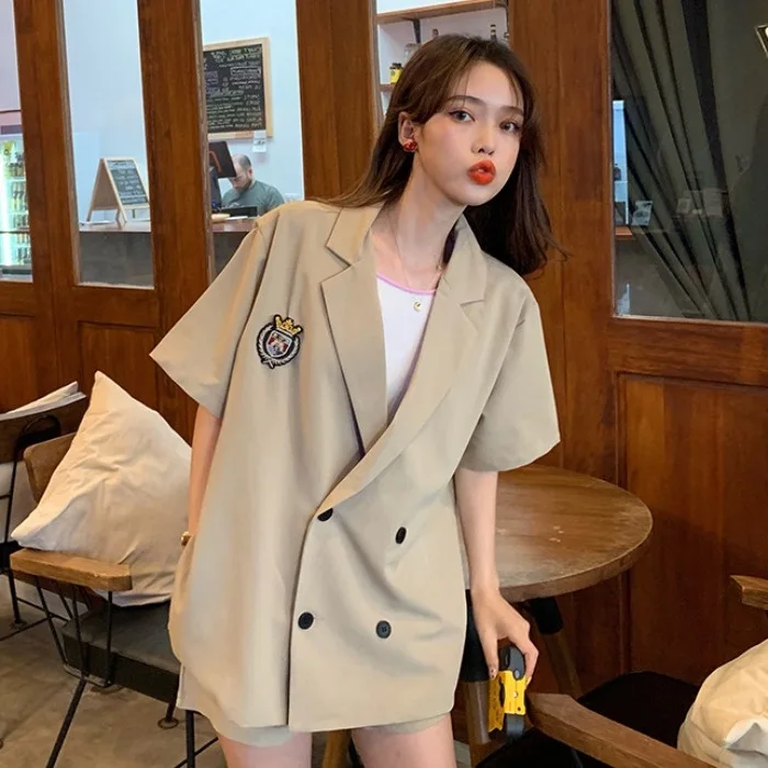 

Summer Wear CHIC Fashion Embroidered Loose-Fit Elegant Short Sleeve Suit Jacket Simple Slimming Solid Color High Waisted Shorts
