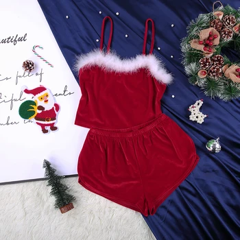

HECHAN Patchwork Red Velvet Christmas Pajamas Women Sexy Feather Crop Top And Shorts Homewear Suits Female Sleepwear Set Vintage