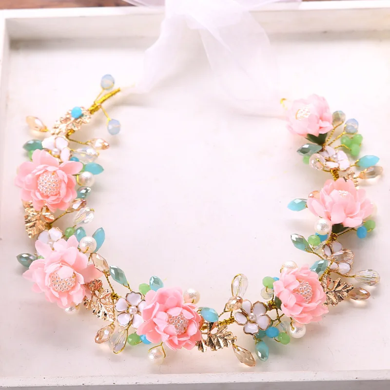 Mingli Tengda Bride Manual Flower Headwear Pink Head Bring Red Wedding Bridal Accessories Hair Band Ornaments Tiara Garland New | Свадьбы и