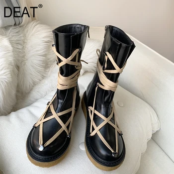 

[DEAT] 2019 Round Toe Bandage Black Casual Personality Pu Leather Velvet Women Short Boots New Autumn Winter Fashion Tide 10F264