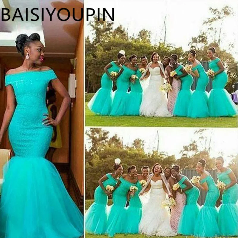 

2019 South African Nigerian Bridesmaid Dresses Mermaid Maid Of Honor Gowns For Wedding Off Shoulder Turquoise Bridesmaid Dress