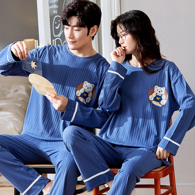 Winter Couple Pajamas Set Cotton O-neck Long Sleeve Lovers