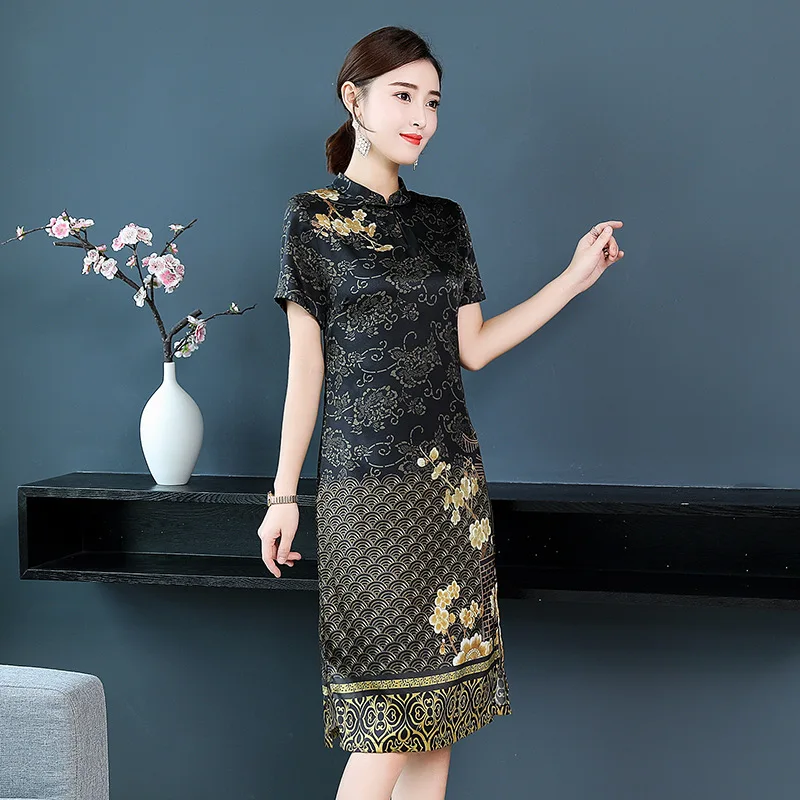 

2019 New Style Skirt Mulberry Silk Waist Hugging Belly Covering Improved Cheongsam Dress Women's Spring And Autumn Hangzhou Real