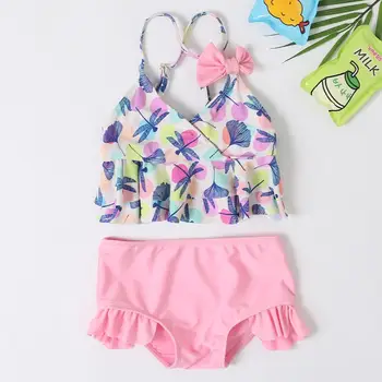 

PatPat 2 piece Toddler Girl Dragonfly Print Top and Ruffled Solid Bottom Swimsuit Set Summer Newest 2020Swimwear