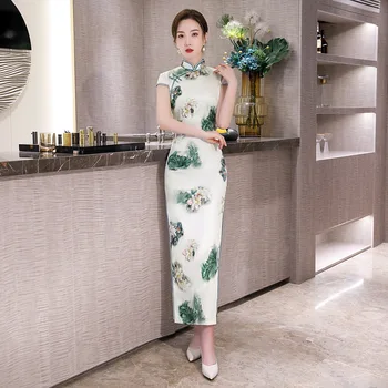 

Plus Size M-4XL Sexy Print Flower Cheongsam Stain Long Slim Dresses Elegant Female Chinese Dress Chinese Women Qipao