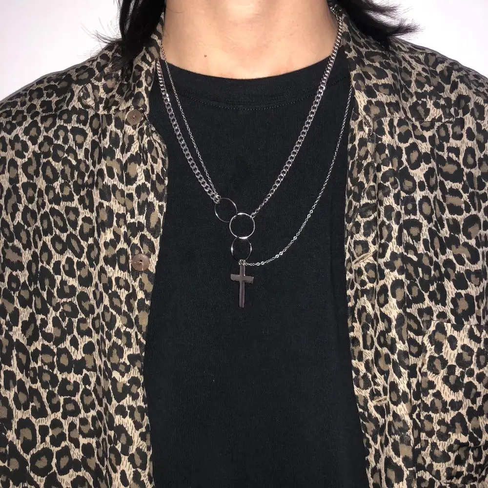 HUANZHI-2019-Punk-Cool-Hiphop-Double-Layer-Silver-Metal-Round-Circle-Chain-Link-Cross-Pendant-Necklace (3)