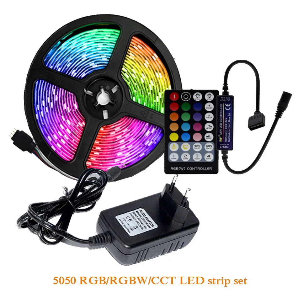 

5M set LED Strip RGB / RGBW / RGB+CCT / Double White LED Flexible Light 5050 300 LEDs + RF Controller + DC12V 3A Power Adapter