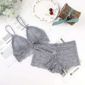 

Sexy Lace Bottom Bra Set Female Soid Color Sexy Padded Embroidered Underwear Women Deep V Set