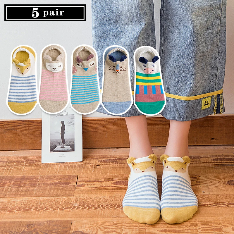 5 пар детских носков с рисунком, женские хлопковые носки невидимые носки с милыми животными стерео ушками на капюшоне для девочек безбортные носки Harajuku Дышащие носки