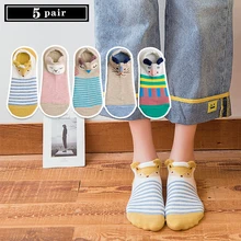 5 пар детских носков с рисунком, женские хлопковые носки невидимые носки с милыми животными стерео ушками на капюшоне для девочек безбортные носки Harajuku Дышащие носки