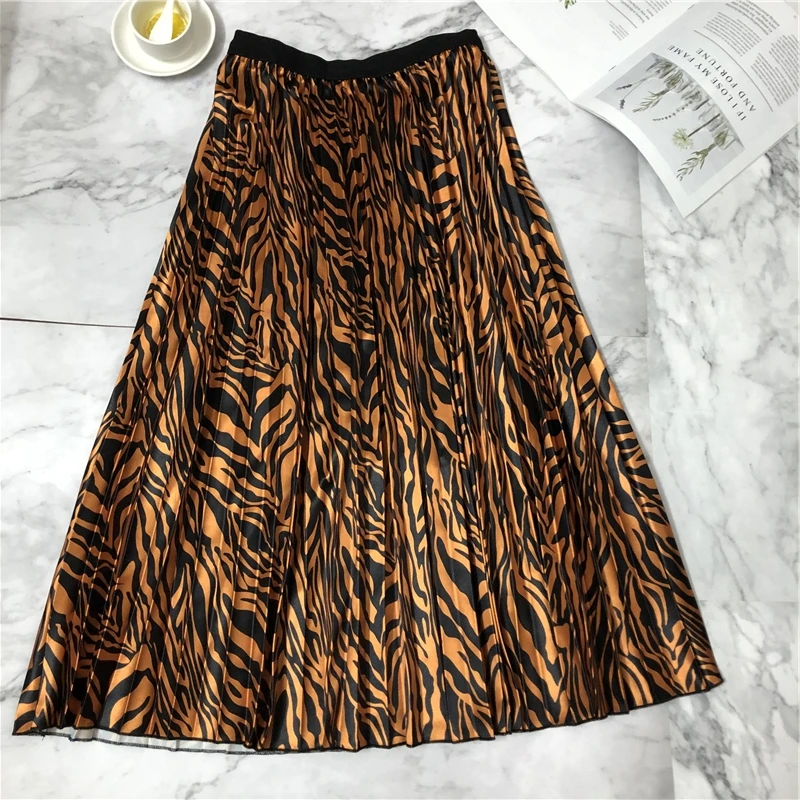 REALEFT New Women Brown Zebra Pattern Elegant Pleated Long Skirts High Waist Harajuku Tulle A-Line Mid-Calf Skirts Female