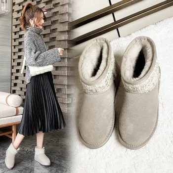 

Fashion Ankle Boots Cow-suede-leather Boots 2020 Ladies Cotton Comfortable Warm Slip-on Snow Boots For Women Black 043235