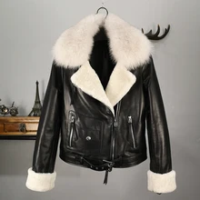 Vestes d'hiver en cuir de mouton véritable pour femme, plus épais et chaud, manteaux de fourrure de renard naturel, manteau manchette en fourrure de mouton F685