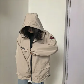 

Spring and Autumn New Coat Female Loose Large Pockets Wild Letters Tooling Women's Jackets Windbreaker