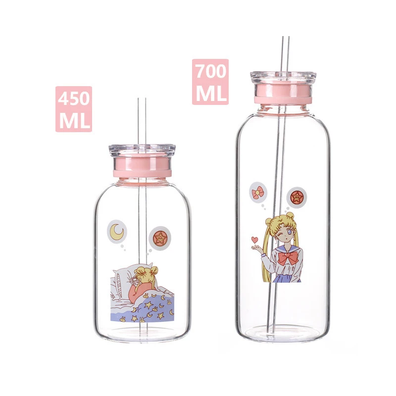 Креативная каваи Sailormoon бутылка для воды с соломинкой мультяшная Модная Портативная герметичная стеклянная чашка крышка для девушки бутылки для питья