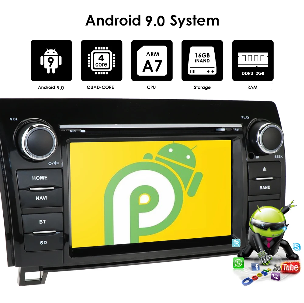 Clearance 7inch 2 Din Quad Core Android 9.0 voiture DVD GPS forToyota toundra Sequoia 2008-2013 Radio stéréo 4G WiFi OBD DVR DAB + 3