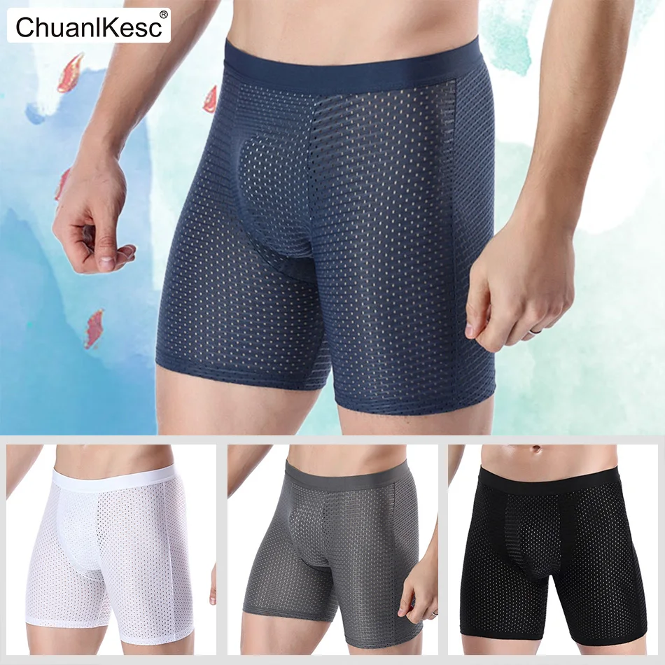 

Viscose Fibre Fabric Mesh Sports Underpants Men's Boxer Pants Sexy And Breathable Running Underpants Lengthen To Prevent Leg Wea